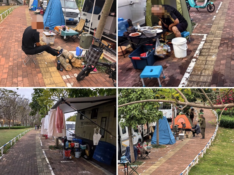 南宁市青山大桥观景台路段,房车车主在人行道上露营、做饭等。受访者供图